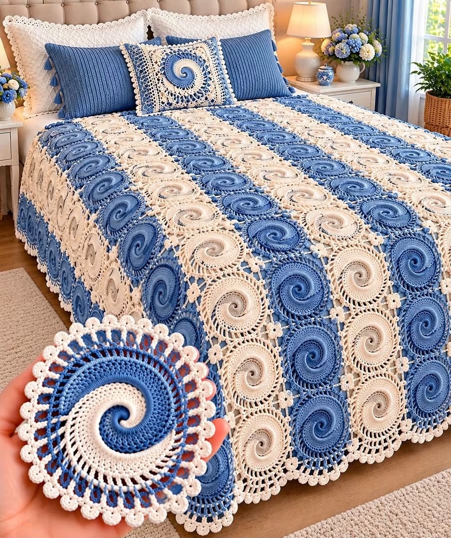 A bed covered with a handmade crochet bedspread made of blue and cream spiral motif squares joined together, with matching pillows and detailed edging.