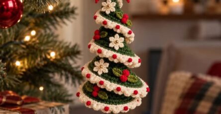 A spiral crochet Christmas tree ornament decorated with white flowers, green leaves, red berries, a red bow, and a hanging jingle bell.