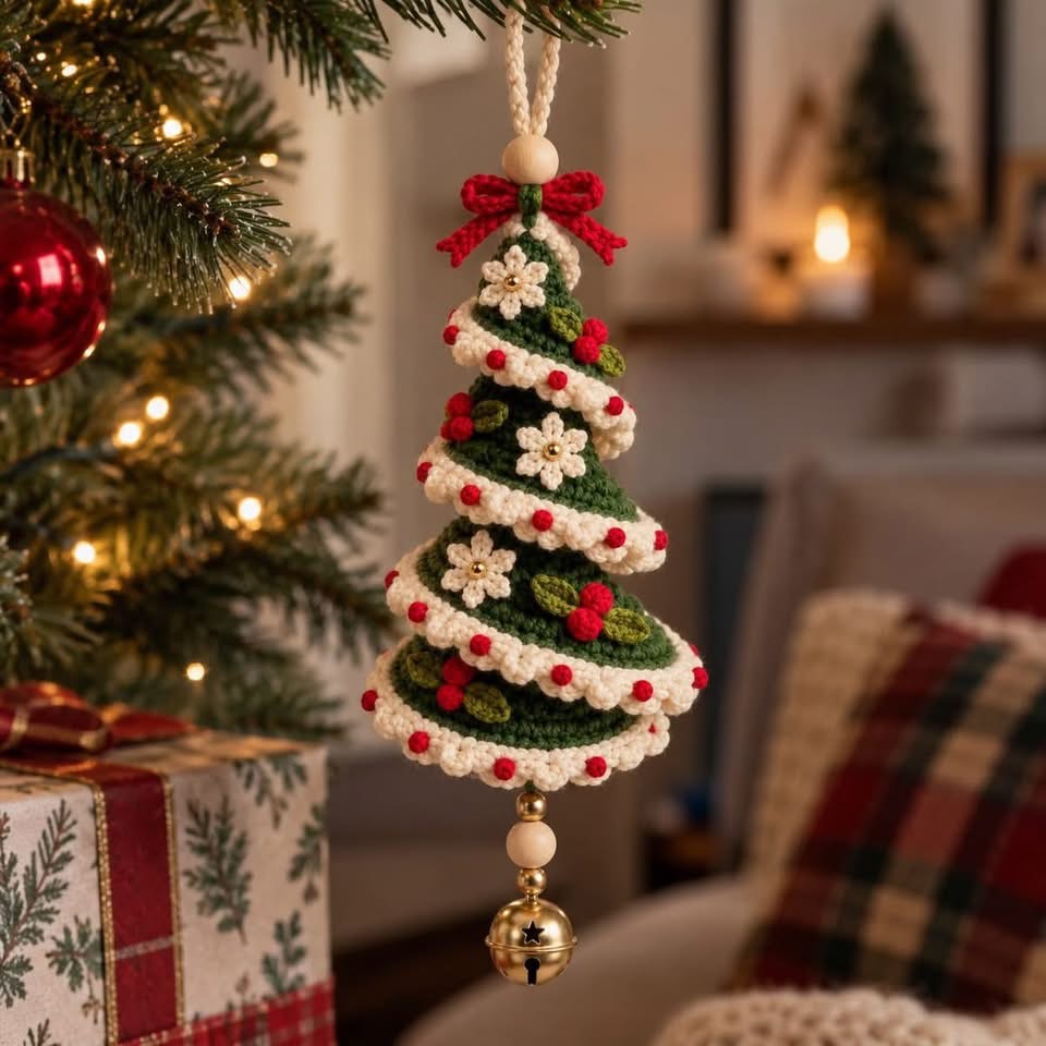 A spiral crochet Christmas tree ornament decorated with white flowers, green leaves, red berries, a red bow, and a hanging jingle bell.