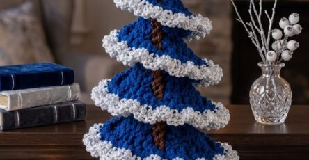 A crocheted Christmas tree with blue tiers, silver ruffled edges, brown trunk, and a silver-blue snowflake topper displayed as a holiday centerpiece.