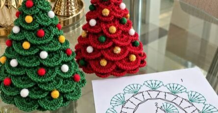 Two crochet Christmas trees with layered scallop branches, colorful bobble ornaments, and a yellow star on top, with a crochet diagram.