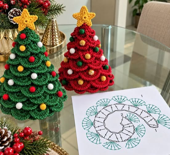Two crochet Christmas trees with layered scallop branches, colorful bobble ornaments, and a yellow star on top, with a crochet diagram.