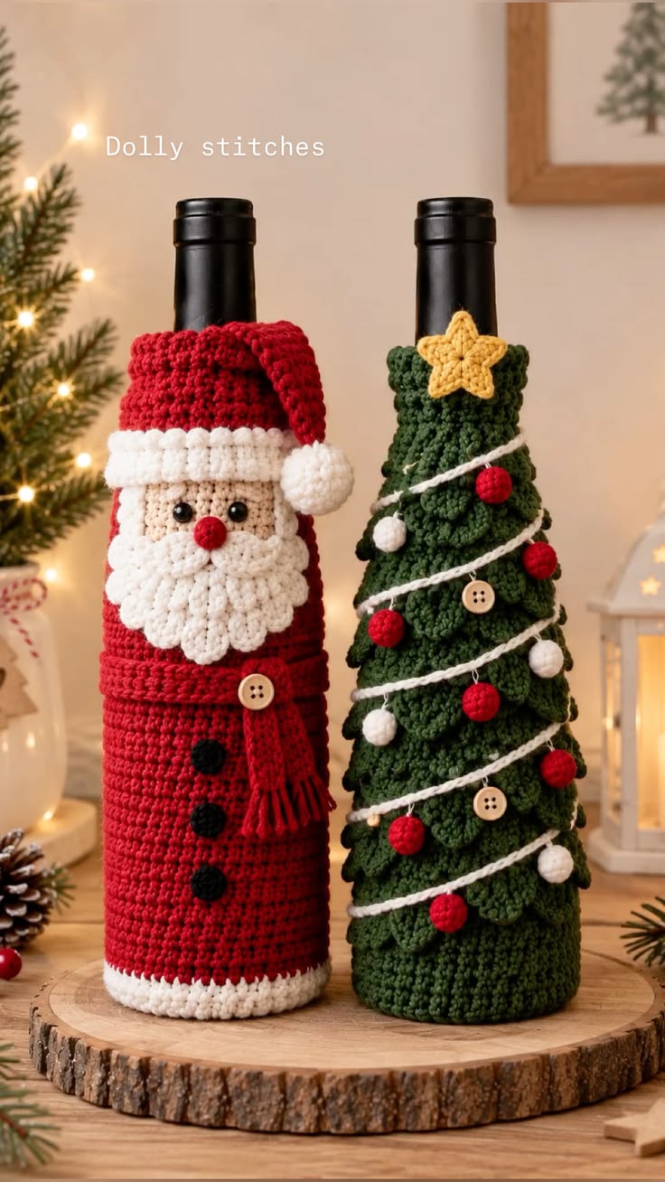 Crochet Christmas bottle covers: one with a Santa Claus design, the other as a Christmas tree, both covering wine bottles.