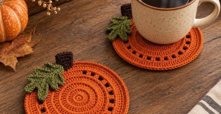 Hand-crocheted round orange pumpkin coasters with green leaves and brown stems, one holding a coffee mug.