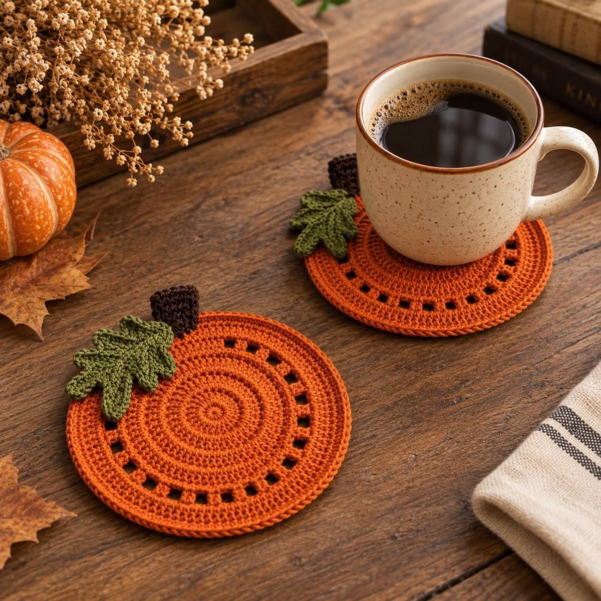 Hand-crocheted round orange pumpkin coasters with green leaves and brown stems, one holding a coffee mug.