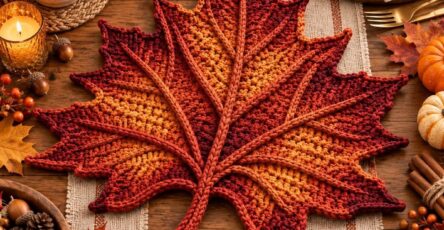A crochet placemat shaped like a maple leaf with red, orange, and golden yarn, styled on a fall-themed table.