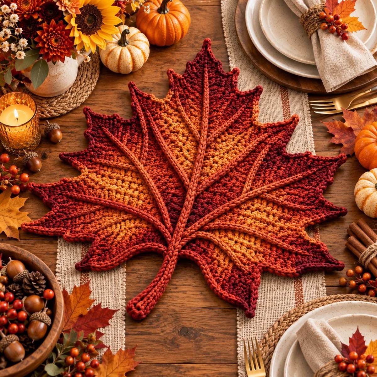 A crochet placemat shaped like a maple leaf with red, orange, and golden yarn, styled on a fall-themed table.