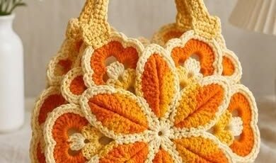 A colorful crochet handbag with yellow and orange flower motifs, joined together and finished with sturdy handles.