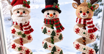 Three spiral crochet holiday ornaments featuring Santa, snowman, and reindeer designs with festive embellishments, hanging in a snowy window.