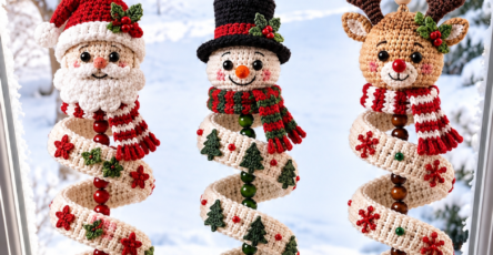 Three spiral crochet holiday ornaments featuring Santa, snowman, and reindeer designs with festive embellishments, hanging in a snowy window.
