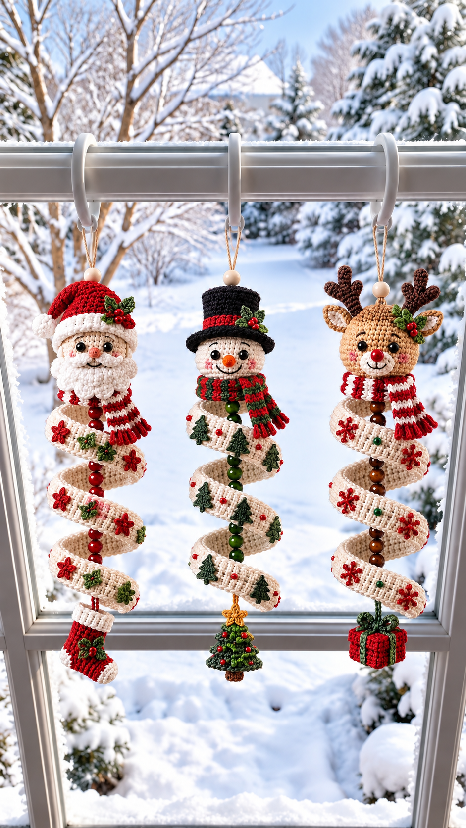 Three spiral crochet holiday ornaments featuring Santa, snowman, and reindeer designs with festive embellishments, hanging in a snowy window.