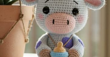 A crocheted baby cow amigurumi with purple spots, sitting and holding a bottle, next to a potted plant.