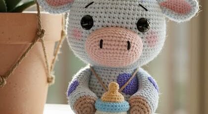 A crocheted baby cow amigurumi with purple spots, sitting and holding a bottle, next to a potted plant.