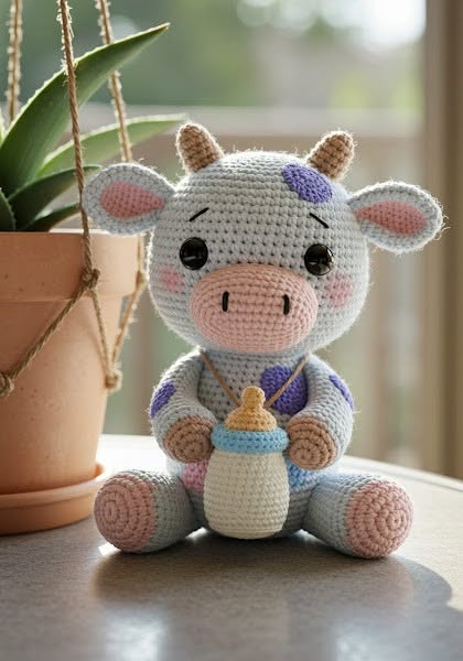 A crocheted baby cow amigurumi with purple spots, sitting and holding a bottle, next to a potted plant.