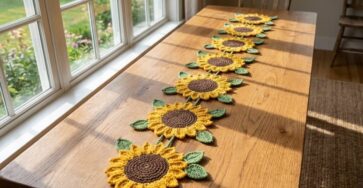 A crochet table runner made of several sunflower motifs with yellow petals, brown centers, and green leaves arranged in a row on a wooden table.