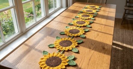 A crochet table runner made of several sunflower motifs with yellow petals, brown centers, and green leaves arranged in a row on a wooden table.