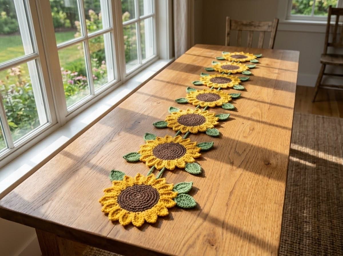 A crochet table runner made of several sunflower motifs with yellow petals, brown centers, and green leaves arranged in a row on a wooden table.
