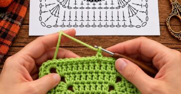 Crochet granny square in green with a black Jack-o'-Lantern face, including triangular eyes and a zigzag mouth.