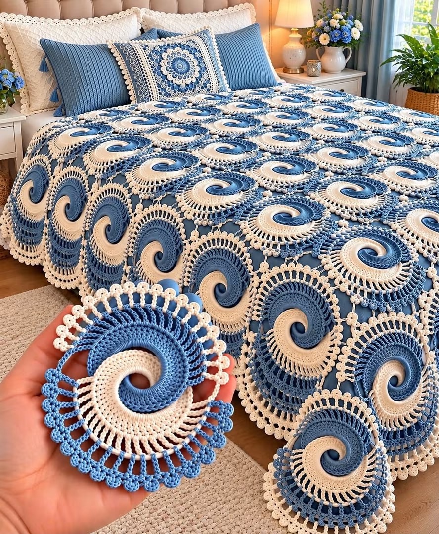 Blue and white crochet bedspread with intricate spiral motifs and coordinated pillows in a well-lit, cozy bedroom.