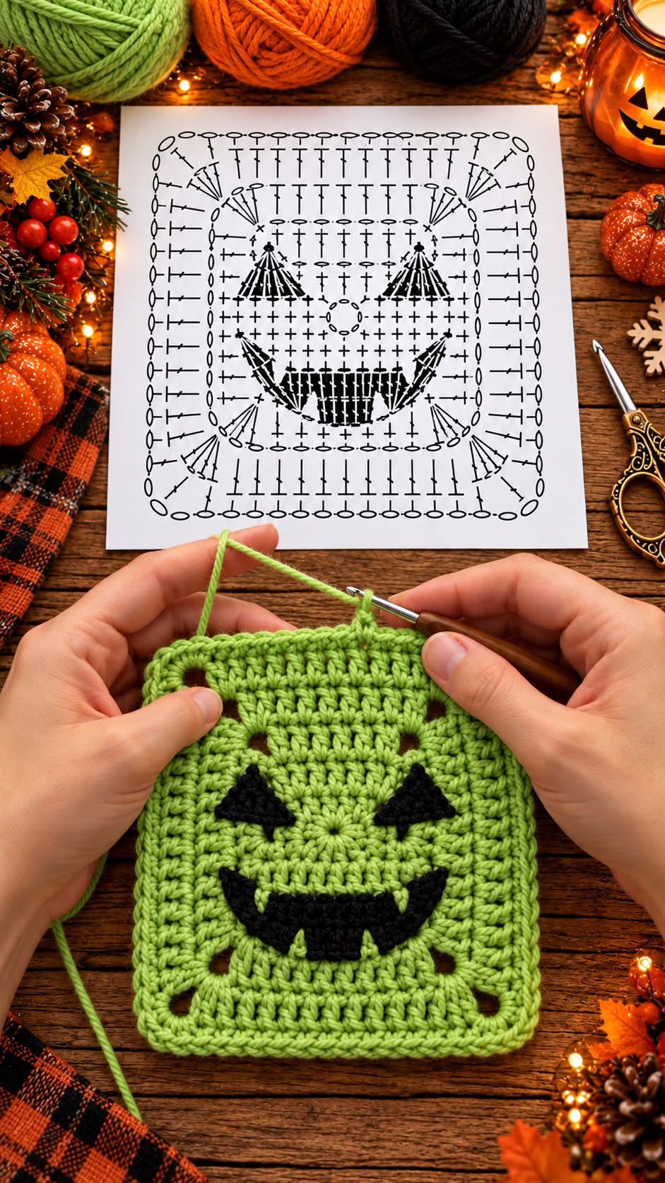 Crochet granny square in green with a black Jack-o'-Lantern face, including triangular eyes and a zigzag mouth.