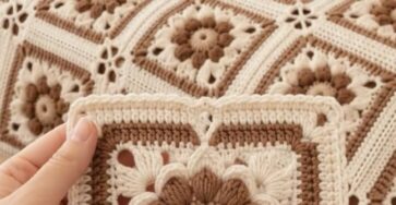 Hand holding a crochet granny square with a 3D flower motif in cream and brown colors, matching a finished granny square blanket on a bed.
