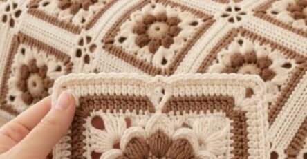Hand holding a crochet granny square with a 3D flower motif in cream and brown colors, matching a finished granny square blanket on a bed.