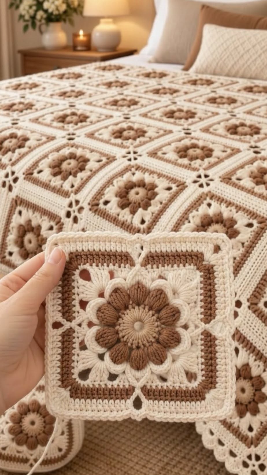 Hand holding a crochet granny square with a 3D flower motif in cream and brown colors, matching a finished granny square blanket on a bed.