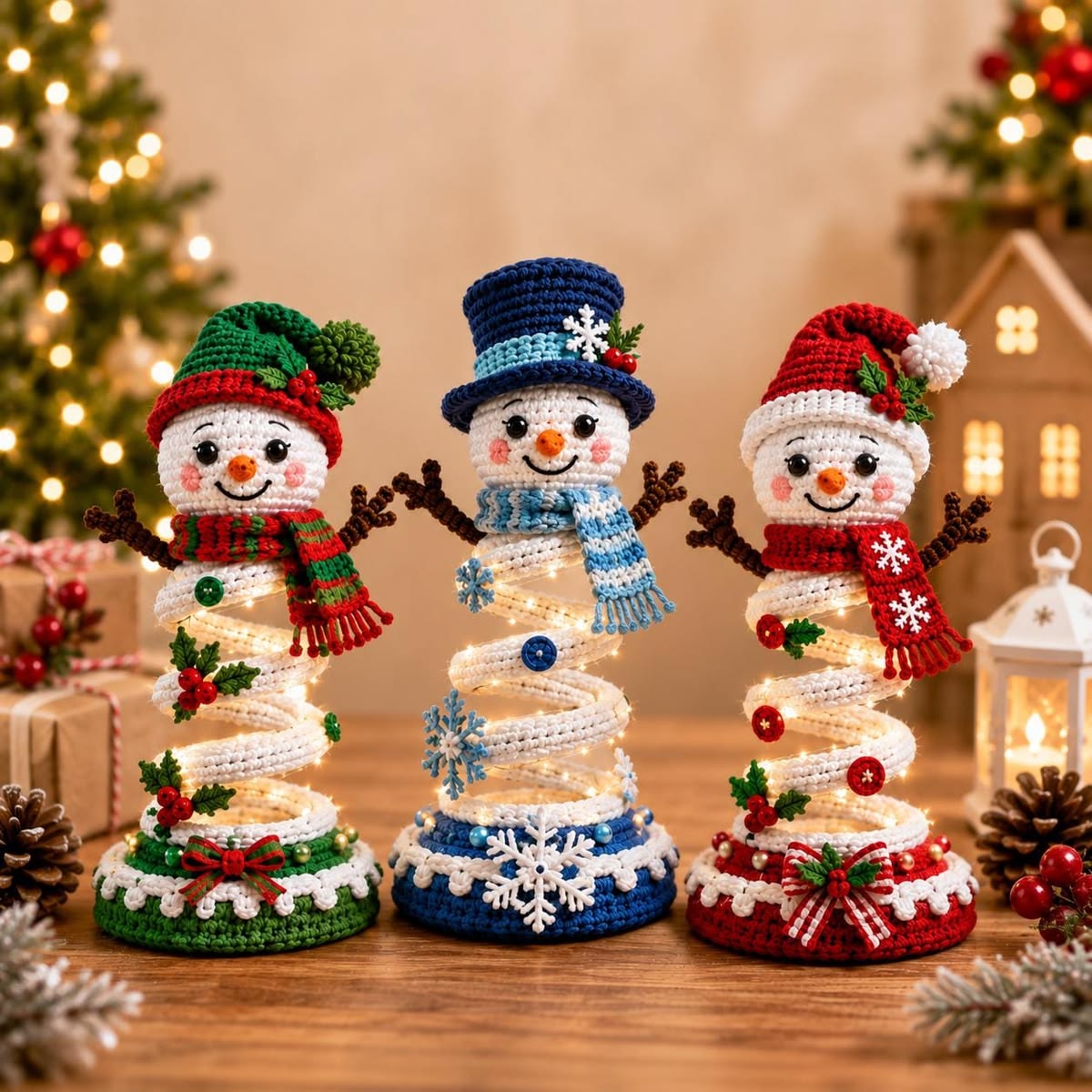 Three crocheted spiral snowmen with festive hats, scarves, and decorated bases, each with a lighted spiral body, set against a holiday background.