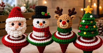 Four crocheted Christmas ornaments shaped like spinning tops, including Santa, a snowman, a reindeer, and a Christmas tree.