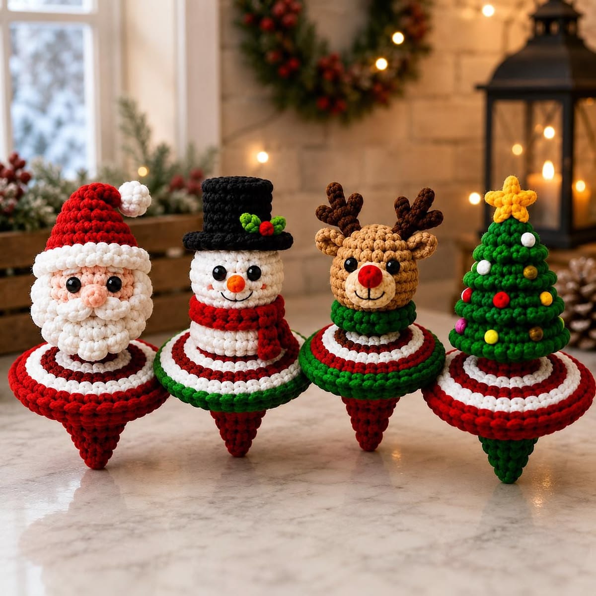 Four crocheted Christmas ornaments shaped like spinning tops, including Santa, a snowman, a reindeer, and a Christmas tree.