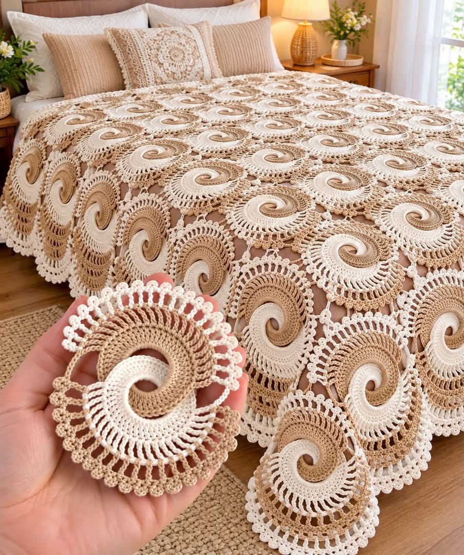 Hand holding a spiral crochet motif in cream and beige, with a bedspread made of joined spiral motifs in matching colors covering a bed.