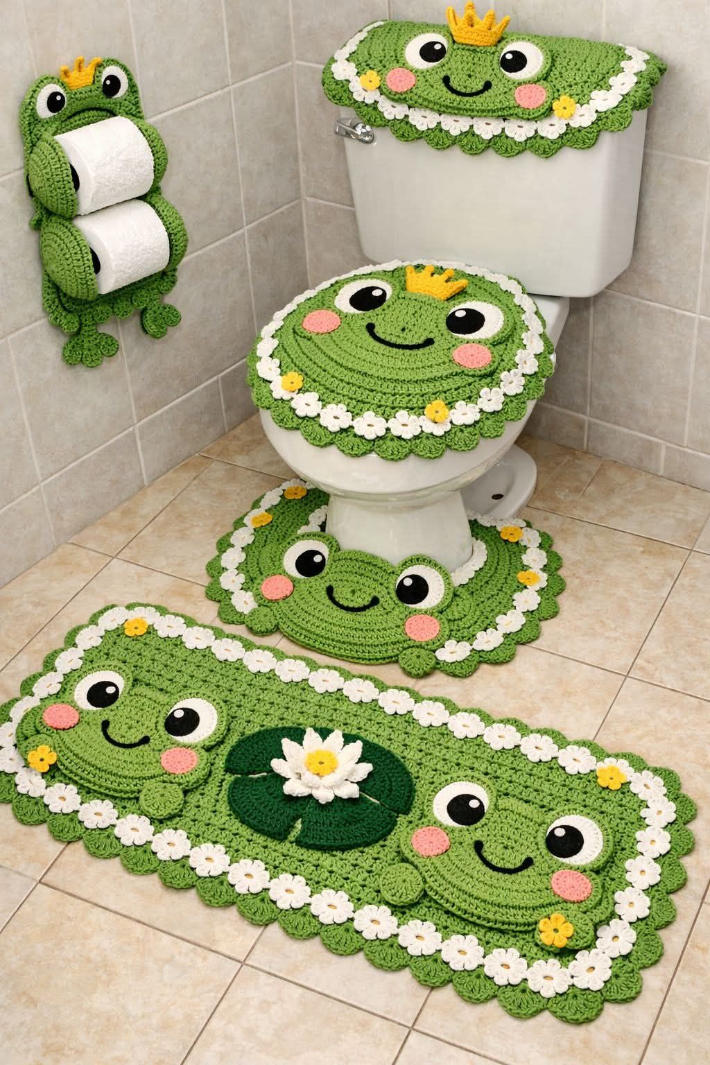Crochet bathroom set with frog faces, lily pads, flowers, and a frog-shaped toilet paper holder.