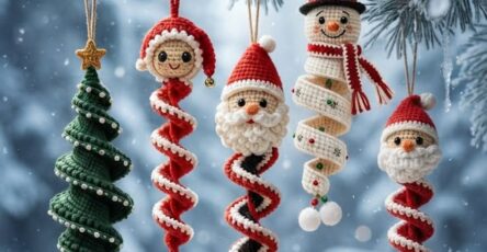 Crocheted spiral Christmas ornaments, including a tree, elf, Santa, snowman, and Santa face, hanging on a snowy pine branch.