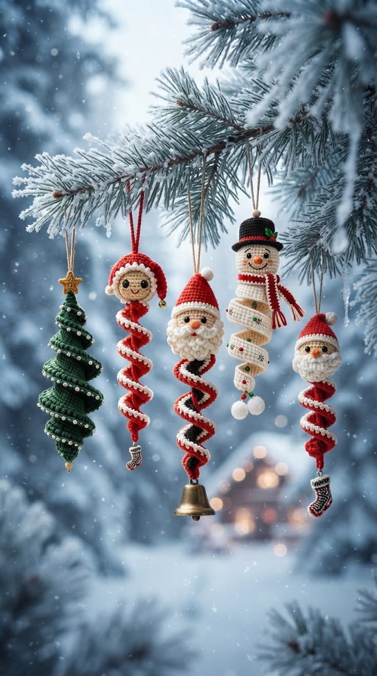 Crocheted spiral Christmas ornaments, including a tree, elf, Santa, snowman, and Santa face, hanging on a snowy pine branch.
