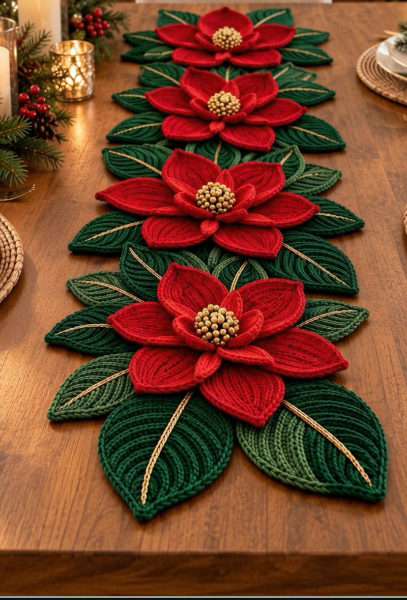 A festive crochet table runner featuring large red poinsettia flowers and layered green leaves arranged along a wooden dining table.