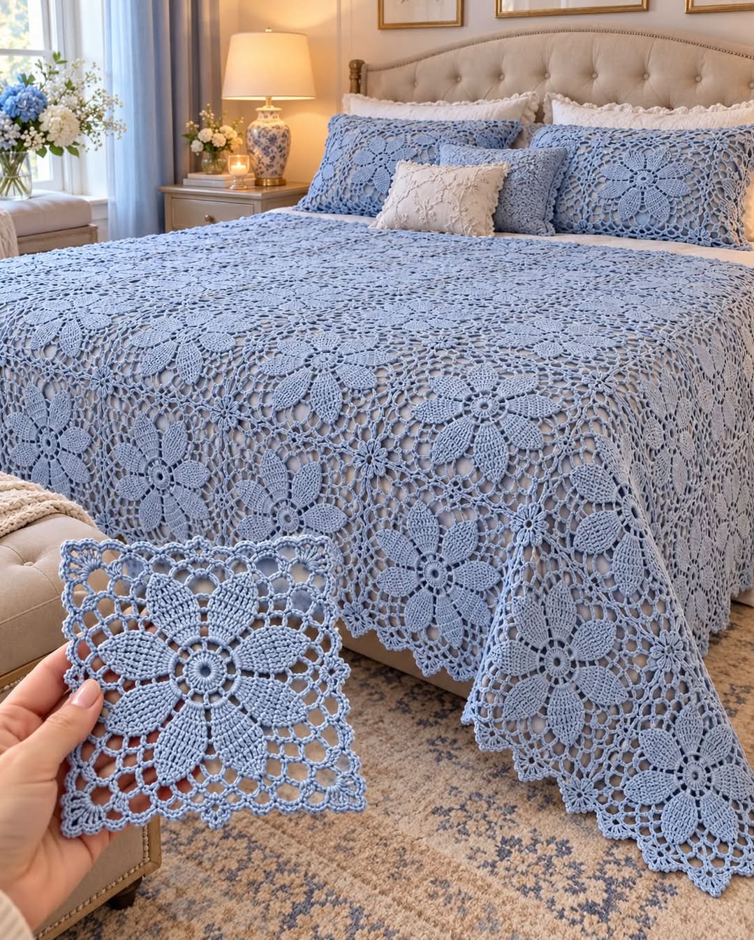A light blue crochet bedspread with large floral motifs on a bed, with a close-up of one crocheted floral square held in a hand.