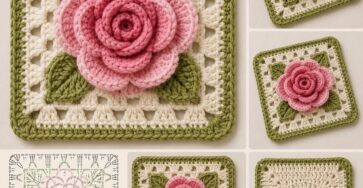 A crochet square featuring a 3D pink rose with layered petals, green leaves, and a white and green granny square background.