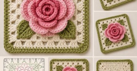 A crochet square featuring a 3D pink rose with layered petals, green leaves, and a white and green granny square background.