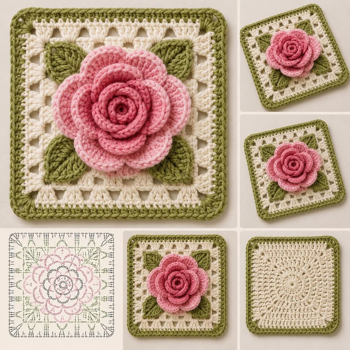 A crochet square featuring a 3D pink rose with layered petals, green leaves, and a white and green granny square background.