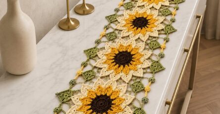 A crochet table runner with large sunflower motifs joined by lacy green sections and decorative picots, displayed on a modern table.