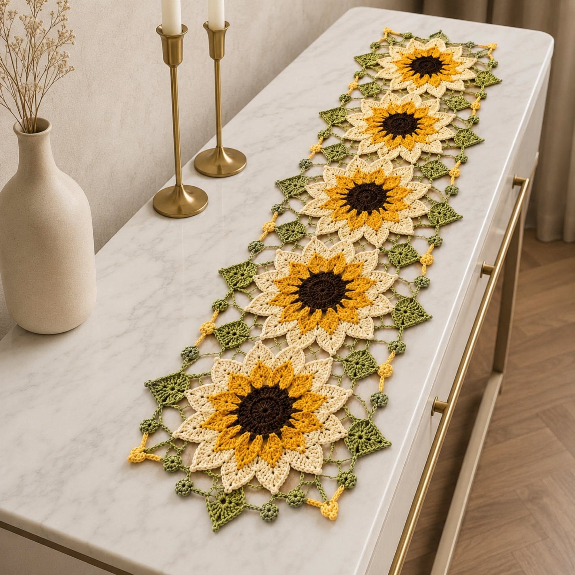 A crochet table runner with large sunflower motifs joined by lacy green sections and decorative picots, displayed on a modern table.