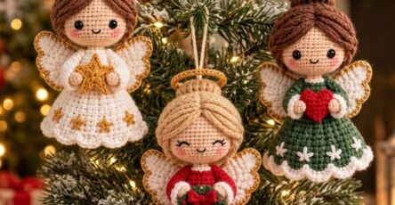 Three crochet angel ornaments with detailed dresses and wings, hanging on a Christmas tree decorated with pinecones and festive lights.