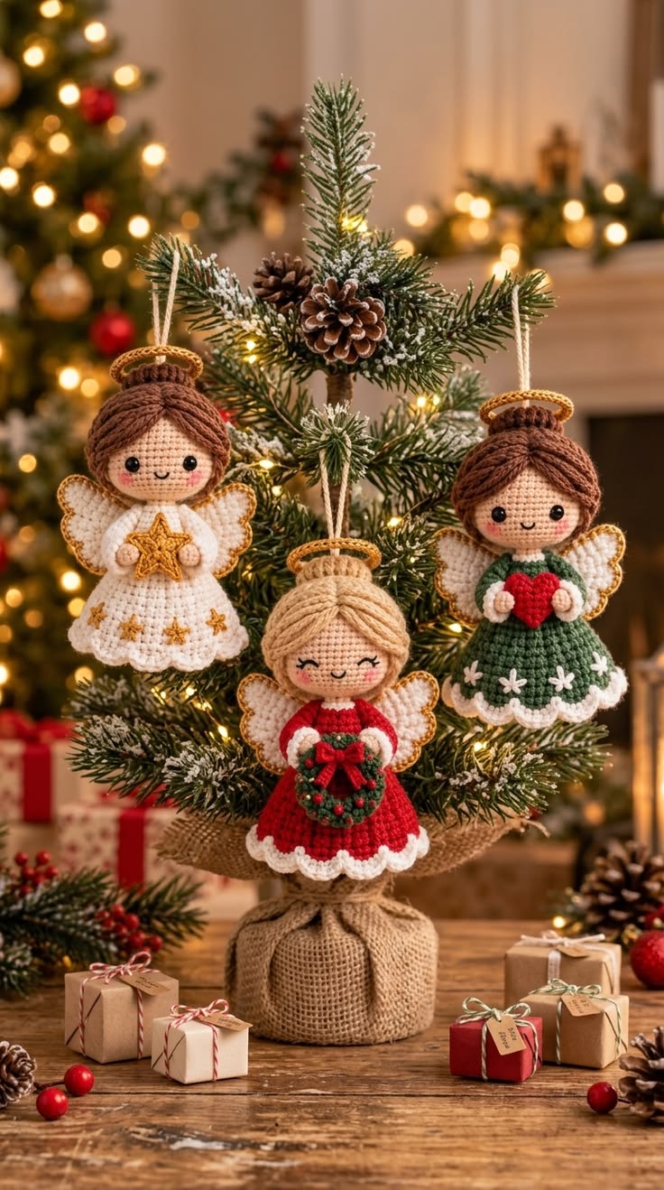 Three crochet angel ornaments with detailed dresses and wings, hanging on a Christmas tree decorated with pinecones and festive lights.