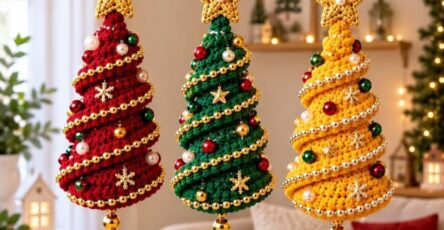 Three crochet Christmas tree ornaments in red, green, and yellow with spiral beads, star toppers, and tassels, hanging from a branch.