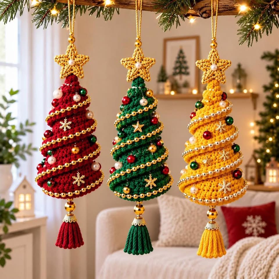 Three crochet Christmas tree ornaments in red, green, and yellow with spiral beads, star toppers, and tassels, hanging from a branch.