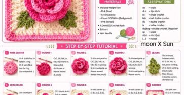 A crochet rose granny square featuring a layered pink rose, green leaves, cream background, and pink border.