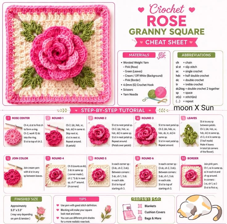 A crochet rose granny square featuring a layered pink rose, green leaves, cream background, and pink border.