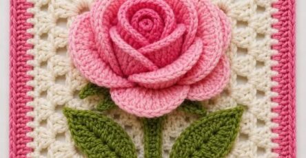A crochet granny square featuring a three-dimensional pink rose with green leaves on a white and pink background.