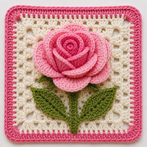 A crochet granny square featuring a three-dimensional pink rose with green leaves on a white and pink background.