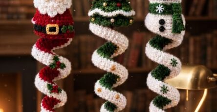 Crochet spiral Christmas ornaments featuring Santa, a Christmas tree, and a snowman hanging in a cozy room.